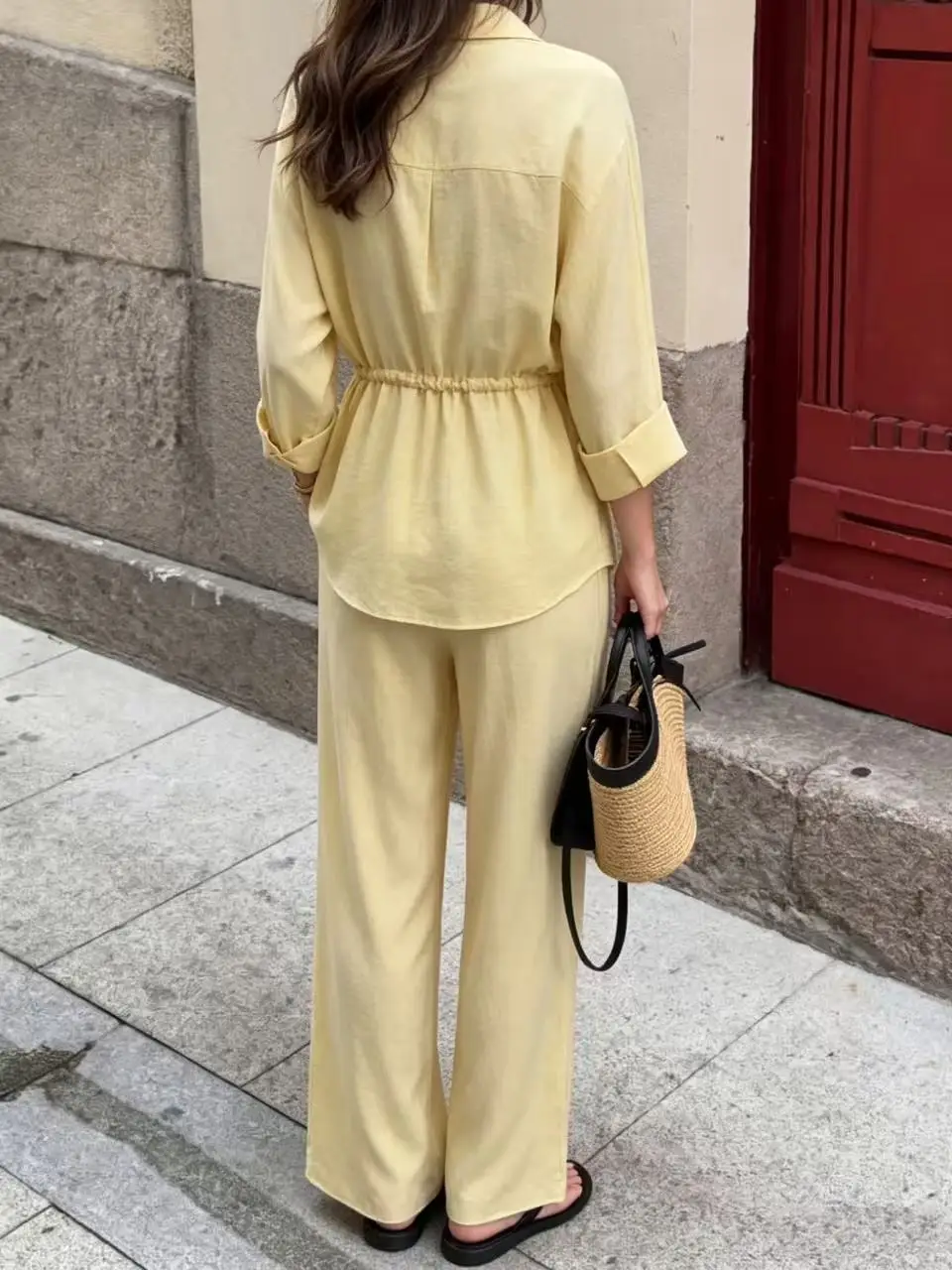 Korean Lazy Style Collar Drawstring Waist Shirt Set Women's Spring Summer Drapey Slimming Wide Leg Pants Two-Piece Set