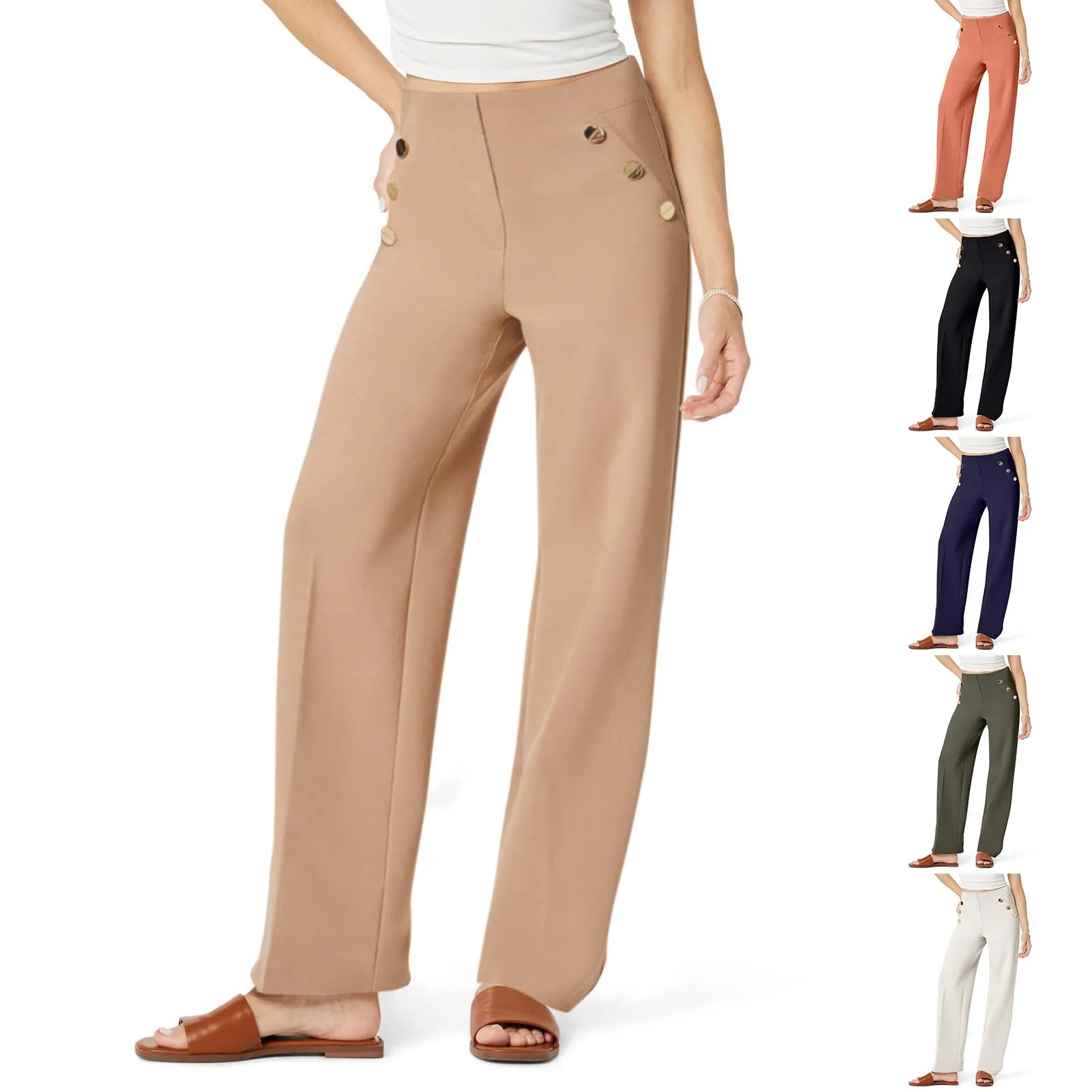 Damen-Hose mit weitem Bein, hohe Taille, mit Knopftaschen, dehnbare Hose, Sommer, neue bequeme, gerade 2024, Freizeithose