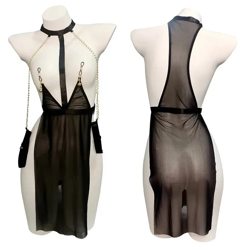

Women Mesh Transparent Temperament Uniform Chain Chest Clip Dress Lingerie Pajamas Outfit Costumes