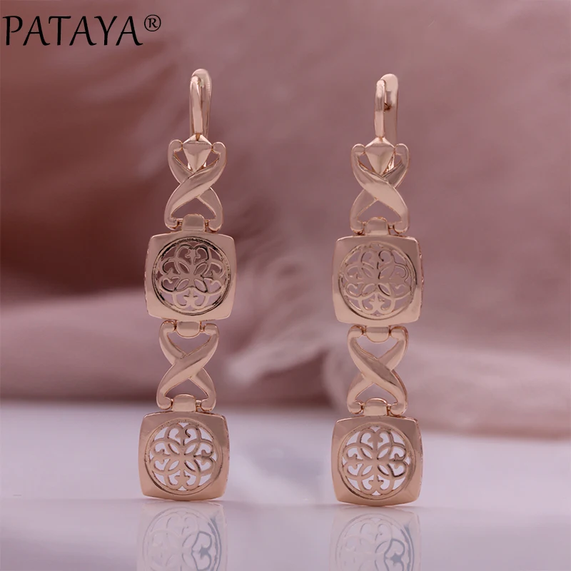 PATAYA Hot Fashion 585 Rose Gold Color Long Drop Earrings for Women Unique Natural Zircon Accessories Jewelry