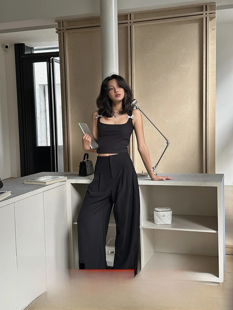 

High Waist Wide Leg Casual Pants Women's Bla Drapey Slimming Loose Suit Pants American Sle Summer 2025 GO GO BURN