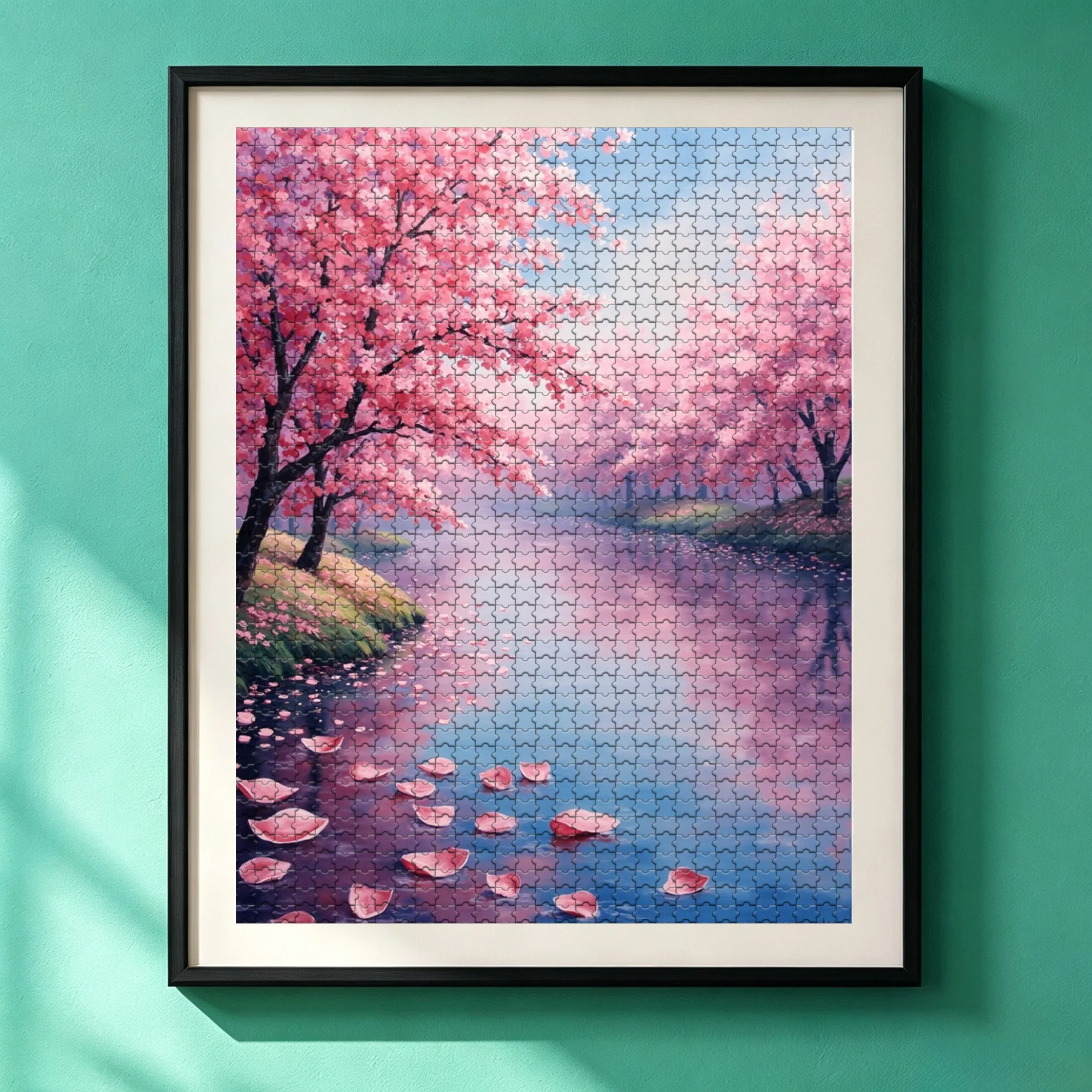 Sakura Cherry Blossom River Wooden Jigsaw Puzzle 300/500/1000 Piece Spring Reflection Impressionist Oil Painting Art Board DIY Home Wall Decor Gift for Adults