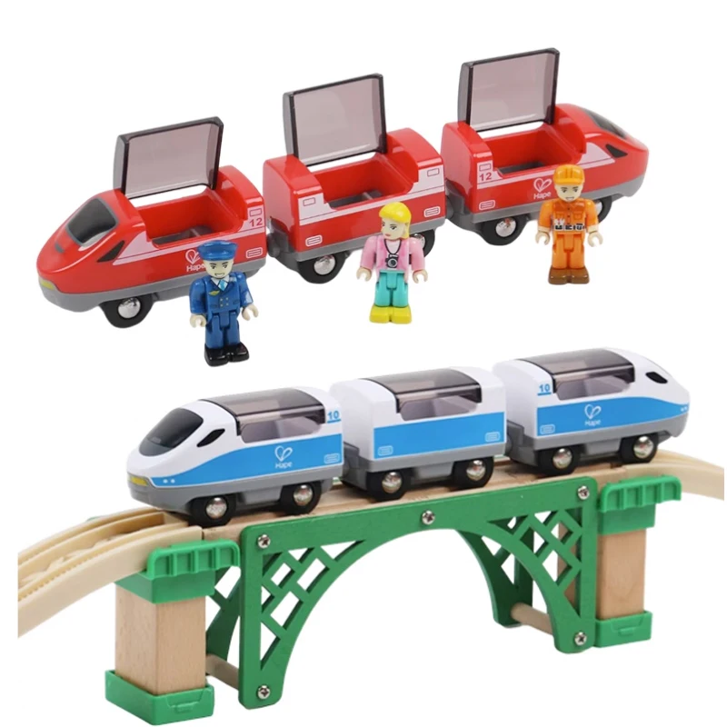 Tren de transporte de combinación de riel de alta velocidad, juego rojo y azul, Compatible con pista de madera, juguete magnético eléctrico para niño B031