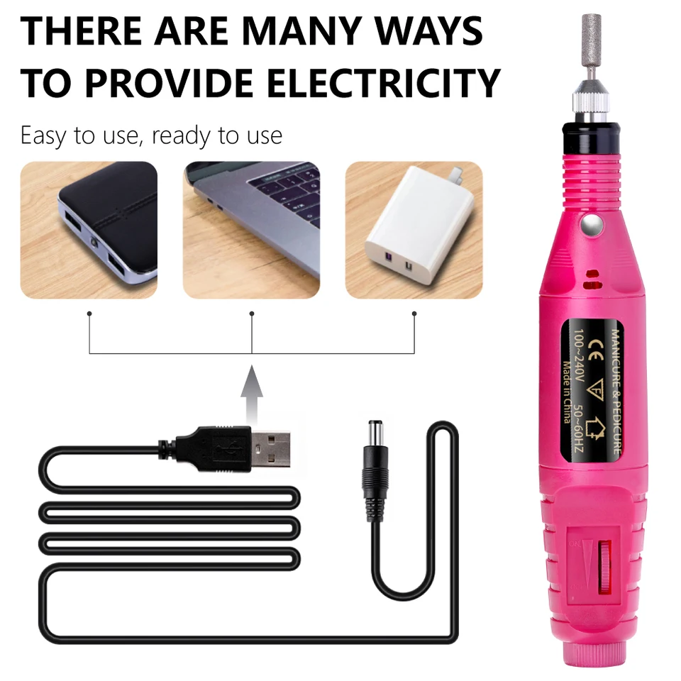 LINMANDA Set de Manicura USB Taladro Eléctrico para Uñas Kit de Lima y Pulido con Lámpara LED Lápiz de Mano Lijadora Bloque de Pulido Herramientas de Manicura 4