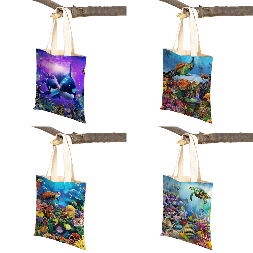 Ocean Landscape Sea Turtle Dolphin Shark Reusable Canvas Student Tote Handbag for Women Lady Foldable Reusable Shopping Bag