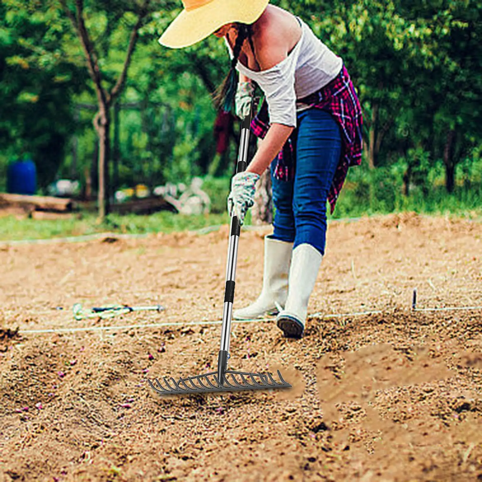 

Garden Rake for Leaves Lawns Rake Adjustable Handle Yard Cleaning Debris Courtyard Farm Soil Loosening Rake Thatching Rake