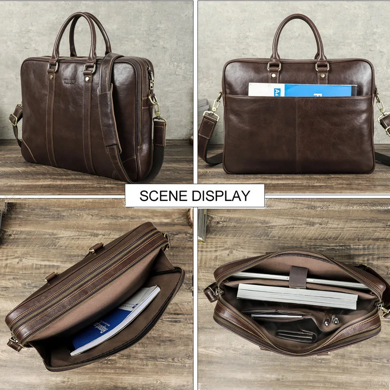 Top Layer Cowhide Single Shoulder Crossbody Messenger Bag Men Leather Leather Men Bags Hold 14.2inch Business Laptop Briefcase