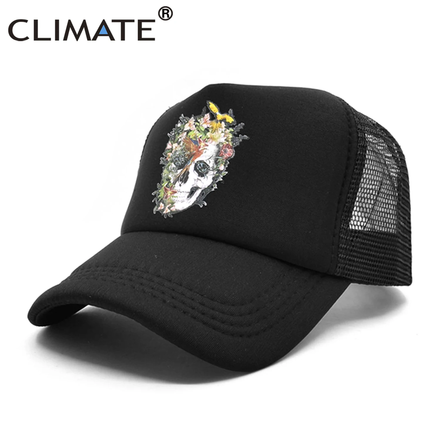 CLIMATE Flower Skeleton Trucker Cap Cool Skull Bone Cap HipHop Baseball Caps Summer Bloodcurdling Black Mesh Cap Hat for Men