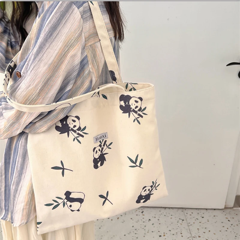 Cute Style Panda Printed Handbag Eco Reusable Capacity Foldable Shopping Bag Animal Women Outdoor Travel Tote Chinese Style Girl