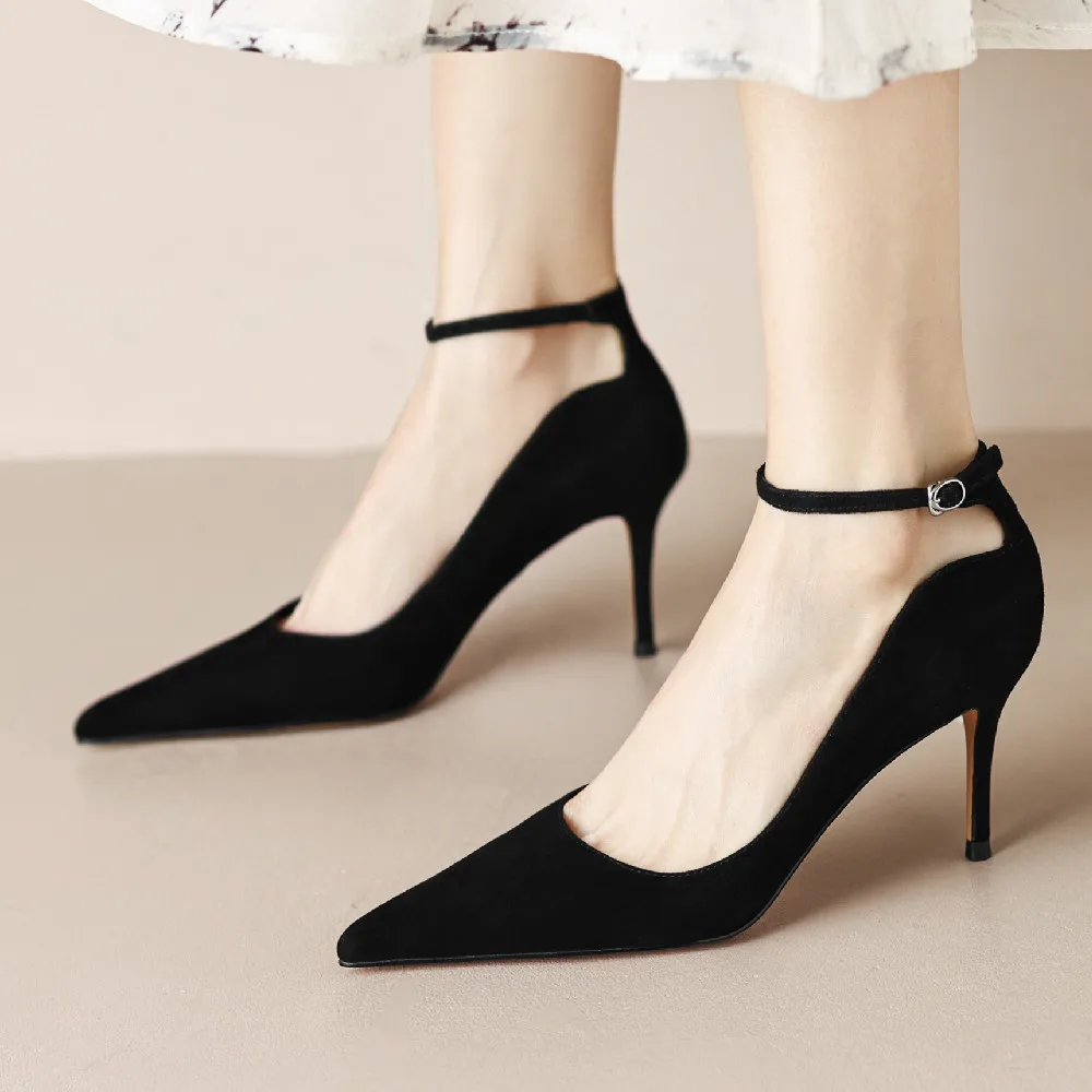 

Women's natural suede leather 7cm thin high heel pointed toe ankle strap pumps elegant ladies four season dress heeled shoes hot