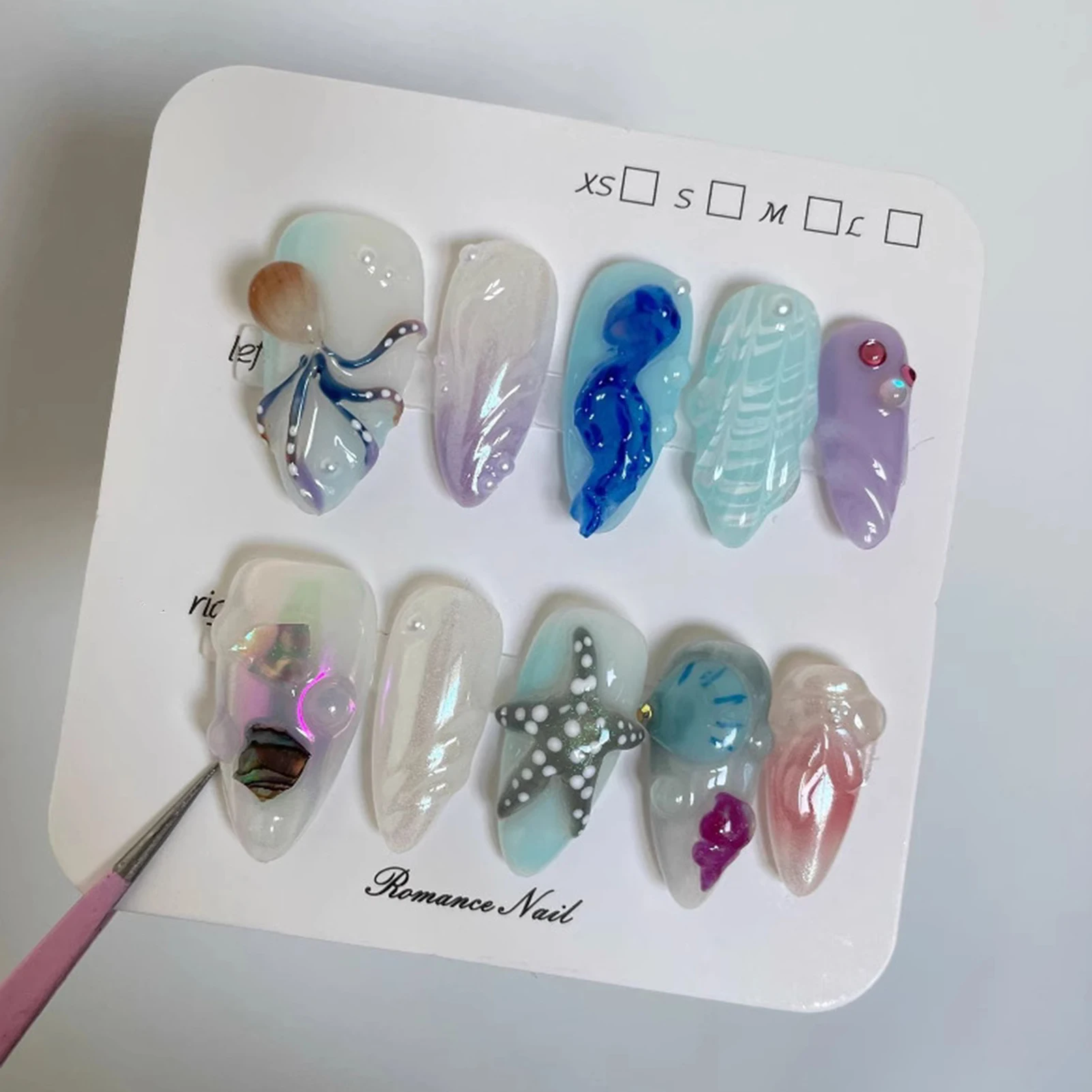 10 stuks handgemaakte oceaanschelp zeester decor druk op nagels draagbaar volledige dekking kunstnagels 3D octopus kwallen ontwerp nepnagels