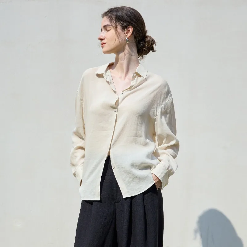 Camicetta vintage retrò da donna in ramie a maniche lunghe con colletto rovesciato monopetto camicie casual larghe e traspiranti alla moda di strada