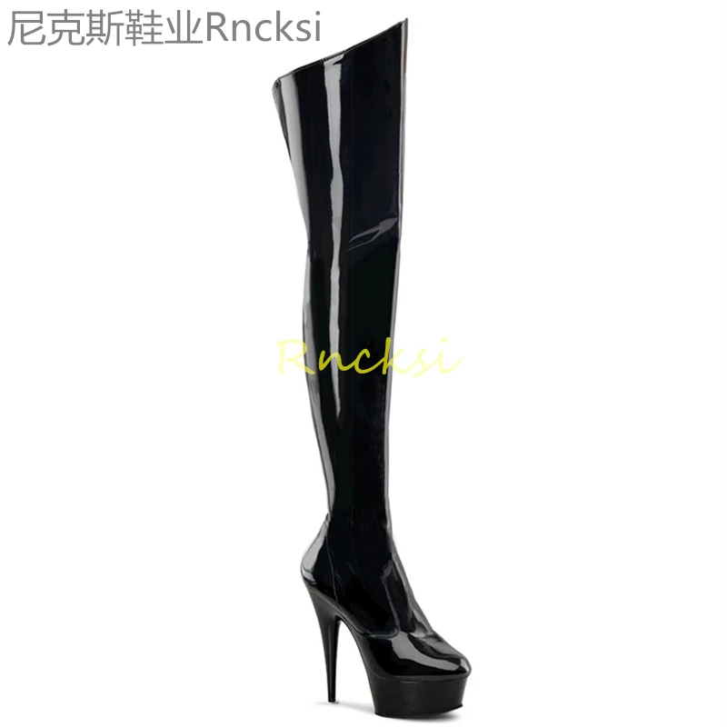 

15cm High-knee boots women's middle heel elastic round head ultra-high heel fashion boots thin heel patent leather boots