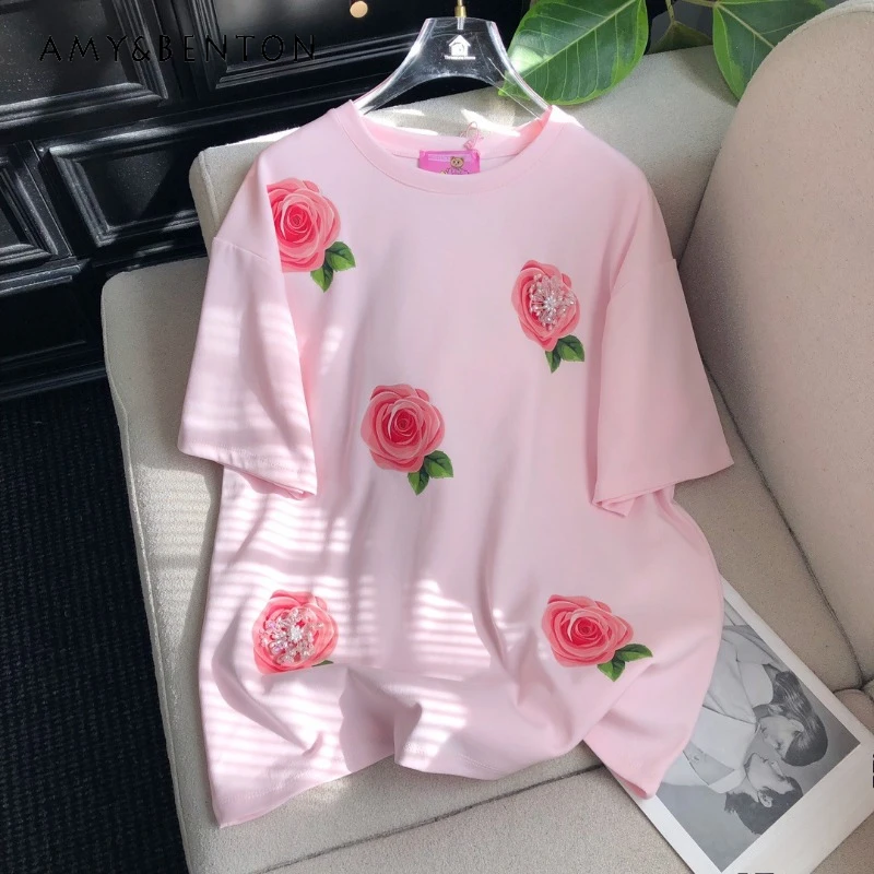 

2025 Spring Korean Sweet Design T Shirt Age-reducing Heavy Industry Beads Rose Print Loose Short-sleeved O-neck T-shirt Pullover