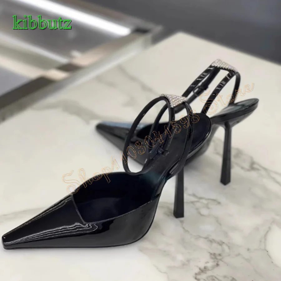 Flat Toe Patent Leather Pumps Triangular Crystal Strap Buckle Sandals Thin Heel Women Shoes Wedding Party Heels 2024 Plus Size