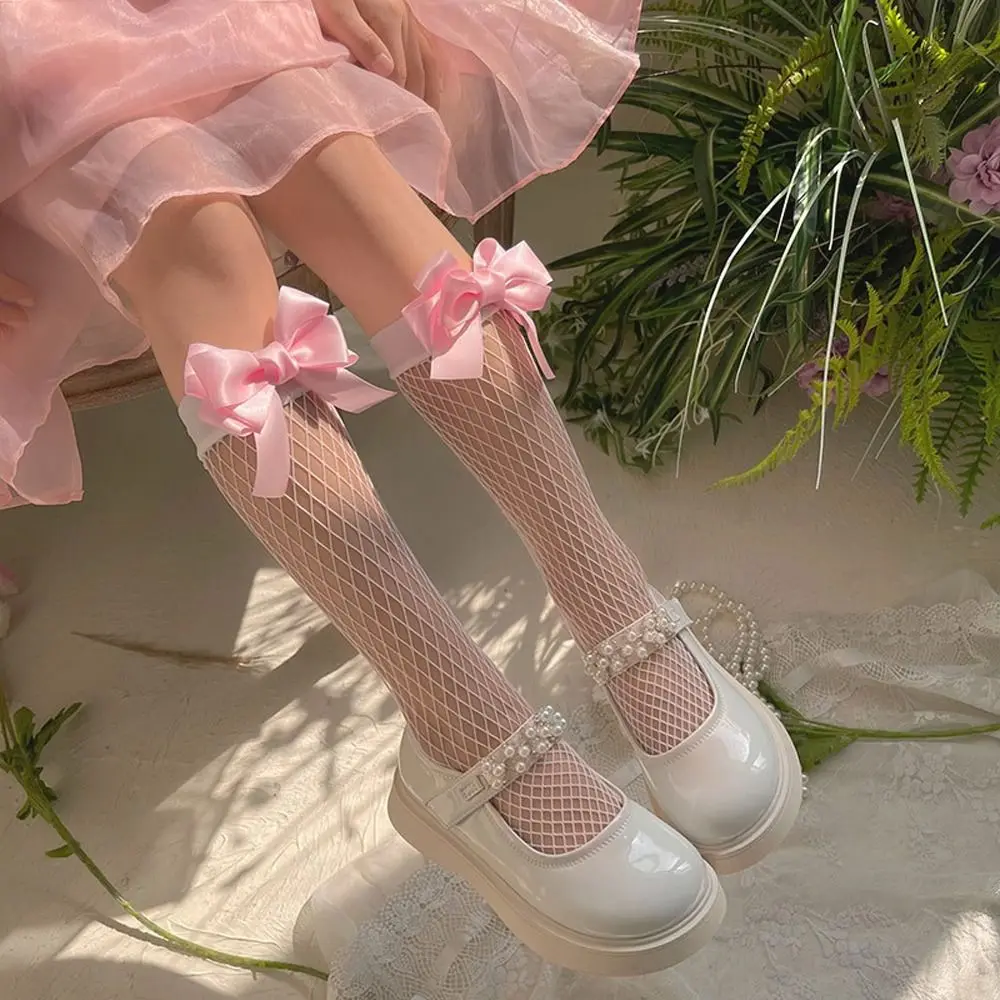 Lovely Gauze Fishnet Lace Summer Bow-knot Jacquard Socks Middle Tube Socks Korean Style Socks Girls Calf Socks Kids Hosiery