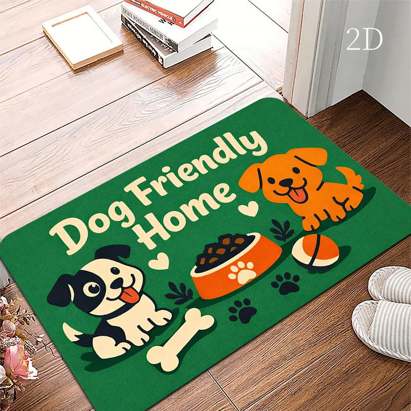 Green Floor Mat with Illustrative Puppy and Bowl Design – Polyester Soft Rug for Entryway, Kitchen, Bedroom Washable