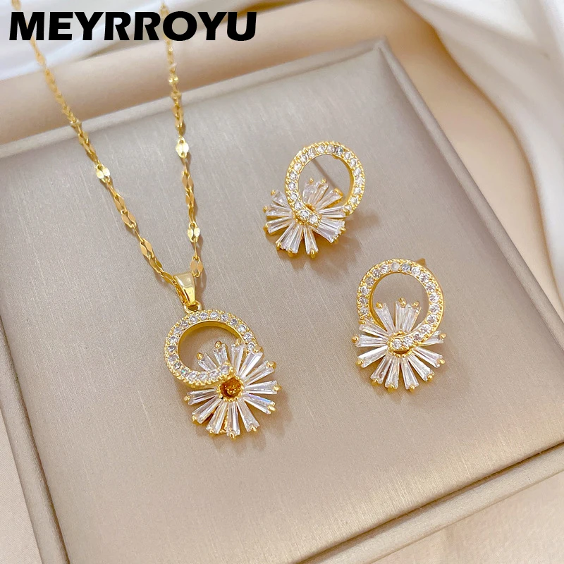 MEYRROYU 316L Stainless Steel Jewelry Set Flower Zircon Necklace Stud Earrings For Women New Arrival Birthday Gifts Accessories