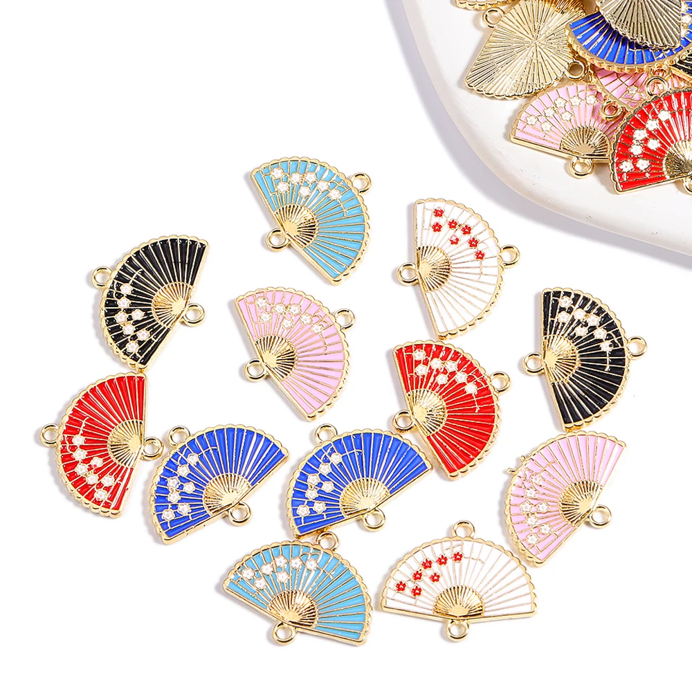 10Pcs/Lot 20*24 Exquisite Alloy Enamel Chinese Style Floral Fan Connector Charms For DIY Keychain Bracelet Jewelry Making Crafts