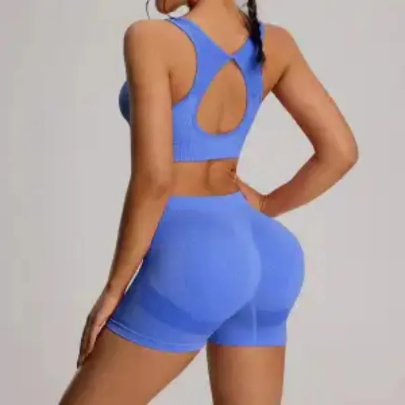 

Женский бесшовный комплект для йоги из 2 предметов: спортивный бюстгальтер с открытой спиной и сетчатыми вставками, шорты с высокой талией и эффектом подтяжки ягодиц для тренировок в спортзале