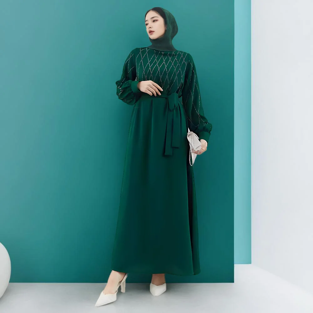 RIMAIRE Pure Color Muslim Abaya with Diamond Decoration Loose Robe for Women Lantern Shape Sleeves Fashion Comfortable Abaya