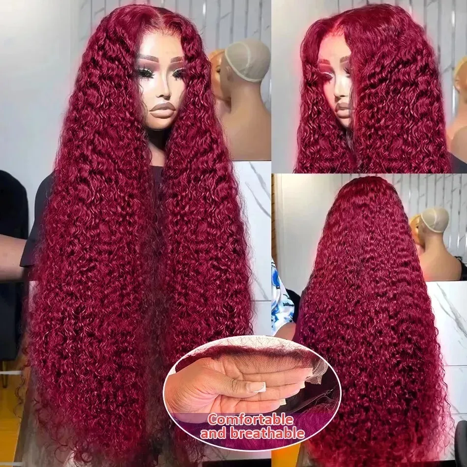 Perruque Lace Front Wig Deep Wave Brésilienne Naturelle, Cheveux Bouclés, Bordeaux 99j, 13x5, 30 40 Pouces, Densité 200, pour Femme Africaine