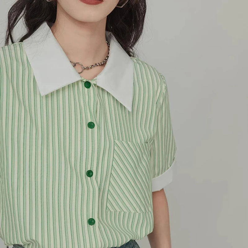 Summer Woman Clothes Green Short Sleeve Shirt French Romantic Fashion Style Simplicity Stripe Chic Youth Bright Polo-neck Casual