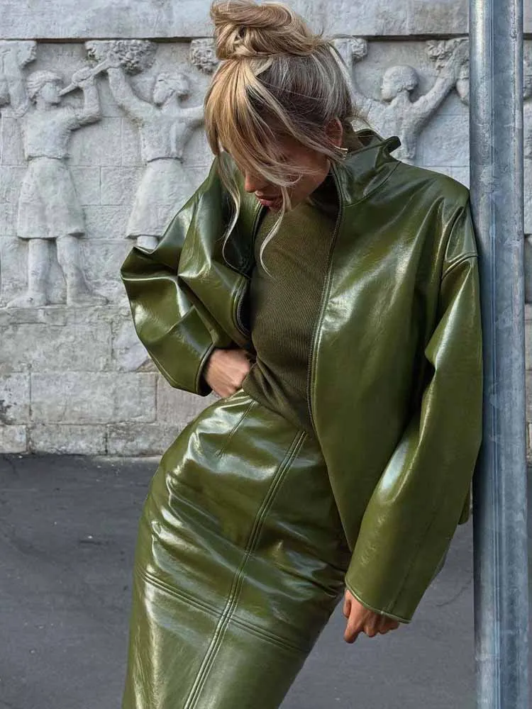 Conjuntos de saia de jaqueta sólida de couro de rua vintage 2025 novo casaco solto com zíper de manga completa e saia longa dividida combinando terno de 2 peças