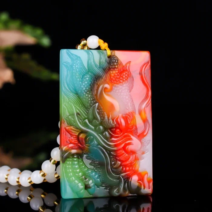 

Colorful Jade Dragon Pendant Necklace Jewellery Chinese Hand-Carved Relax Healing Women Man Luck Gift Amulet Sweater Chain