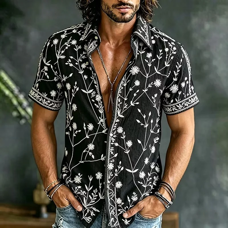 New black and white line drawn floral plant men's short sleeved shirt with simple retro style collar casual shirt