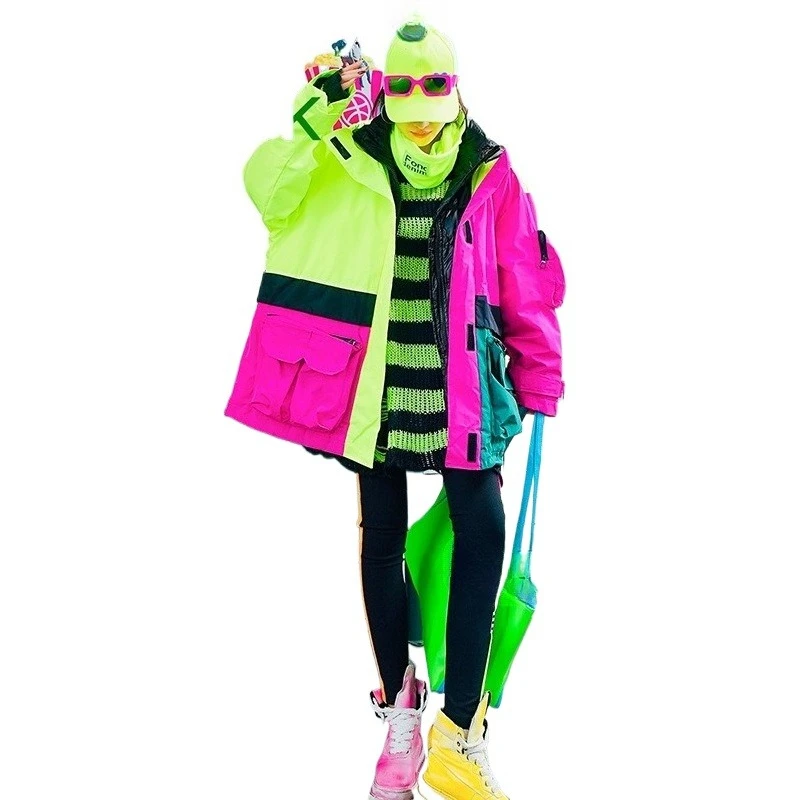 Verdikt donsjack met capuchon voor dames, nieuwe herfst-/winterstijl, kleurrijk patchwork, trendy merk, losse pasvorm, unieke straatstijl