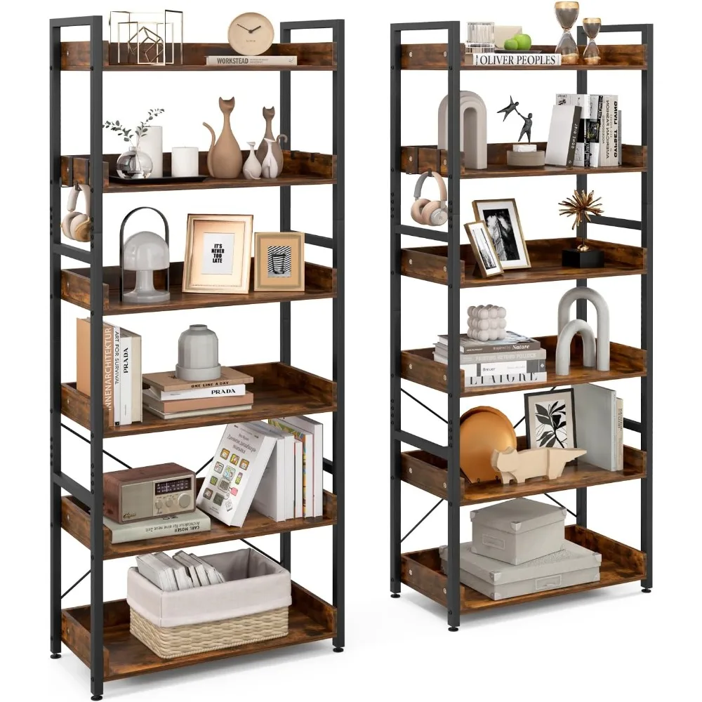 

Industrial 6-Tier Bookshelf, 70” Tall Storage Shelves with 4 Hooks, Freestanding Storage Rack with Metal Frame, Vintage
