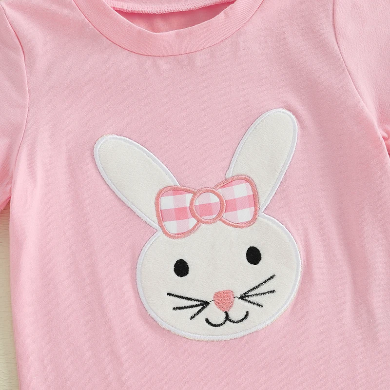 أطقم ملابس قصيرة الأكمام مطرزة على شكل أرنب للفتيات الصغيرات لعيد الفصح مكونة من قطعتين