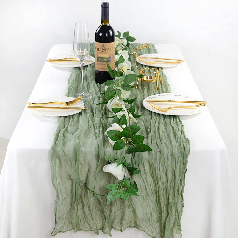 1p 180*80cm Semi Sheer Gauze Table Runner Sage Cheesecloth Table Setting Dining Vintage Wedding Banquets Arches Retro Boho Decor