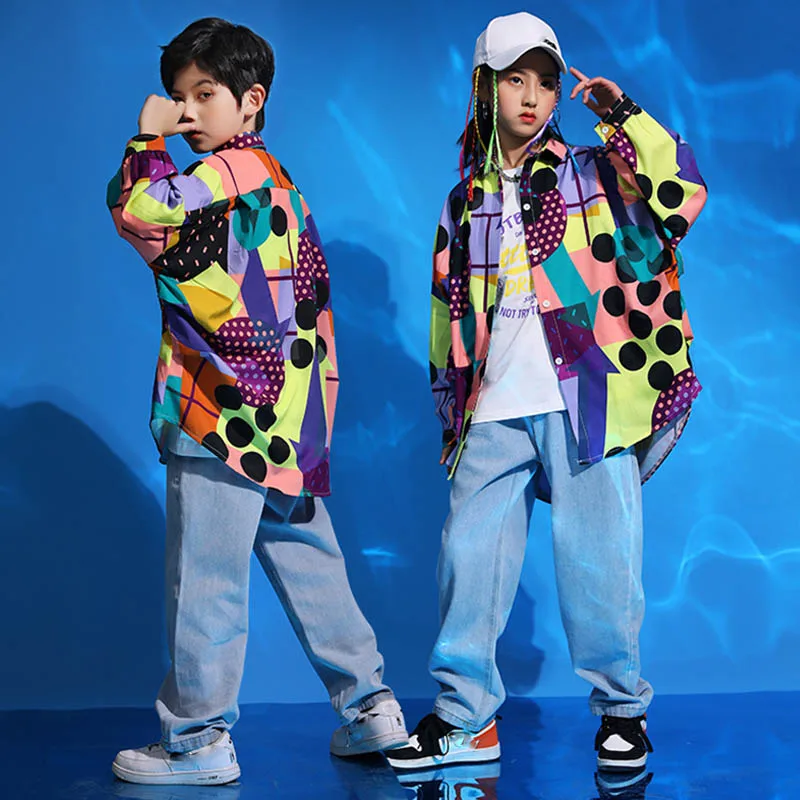 Jazz Street Dance Costume Children Hip Hop Dance Clothing Fashion Dancewear Kids Drum Performance Outfit Oversized Shirt VDL2050