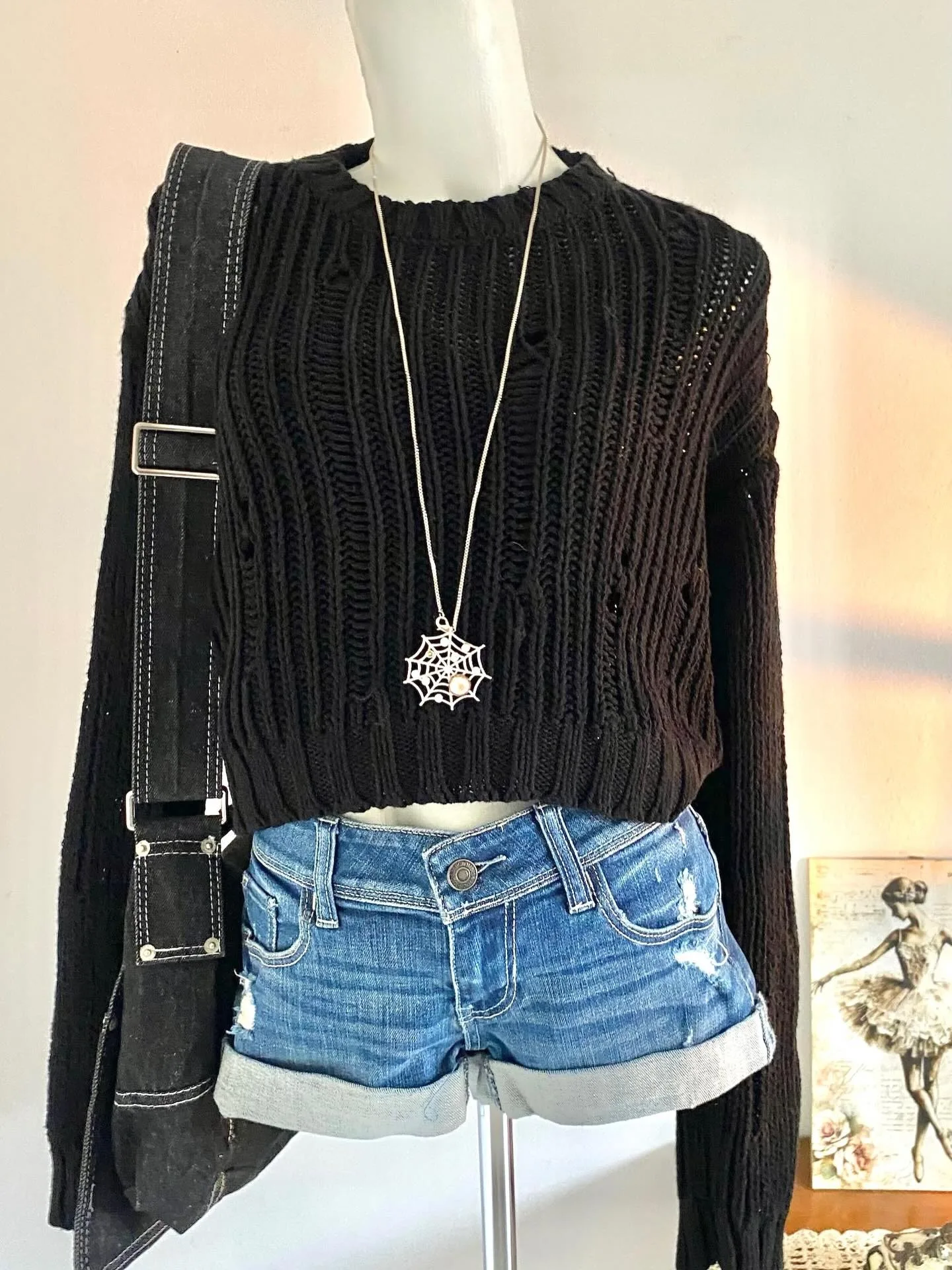 Gothic Alt Women Distressed Hollow Knit Crop Sweater Cable Long Sleeve Black Y2K Grunge Cropped Jumperr