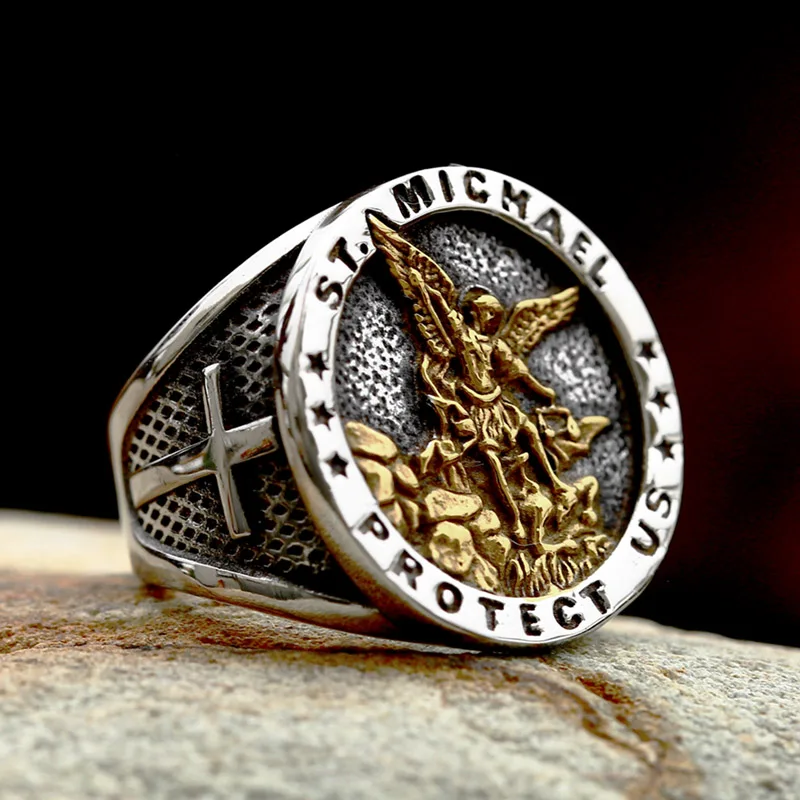 BEIER 2024 New Style 316L Stainless Steel Angel  St Michael Ring Cross Ring Archangel Medal Jewelry For Men