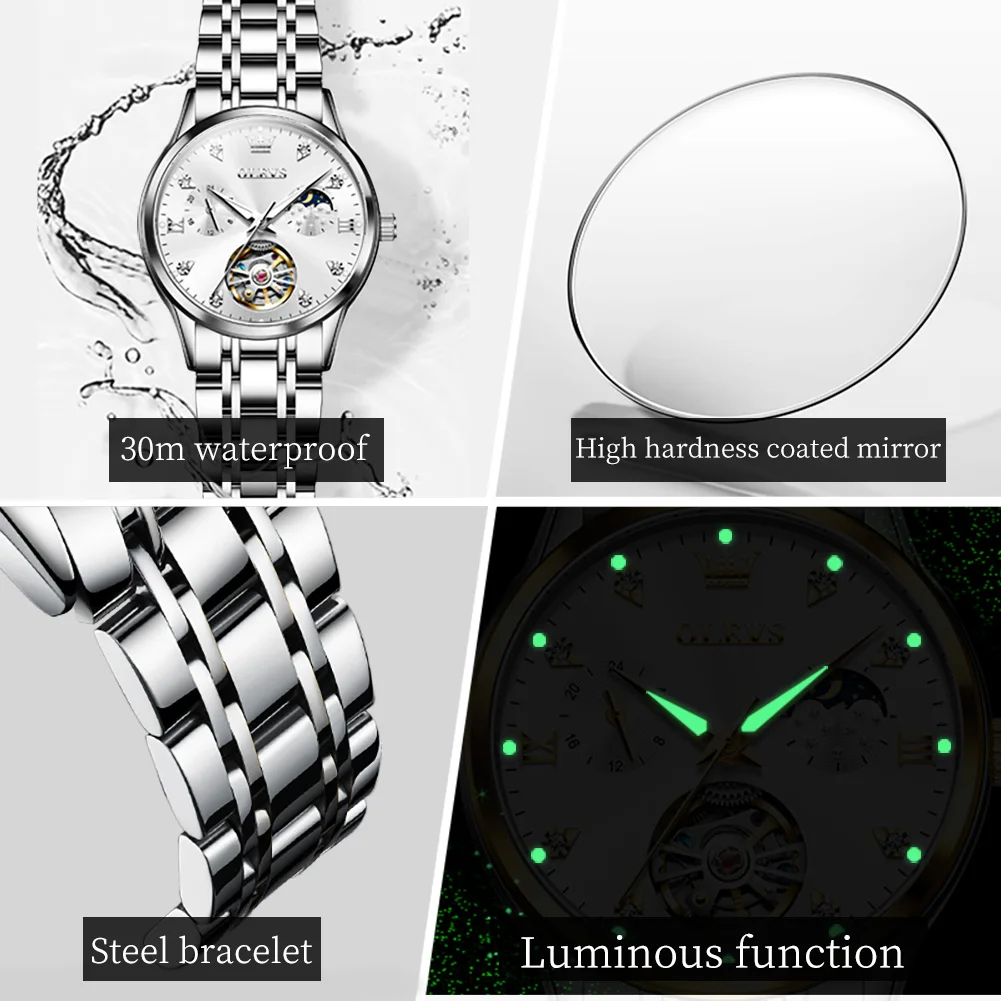 Olevs 6608 relógios femininos esqueleto volante relógio mecânico automático para mulher 24 horas fase da lua cronógrafo senhoras relógios