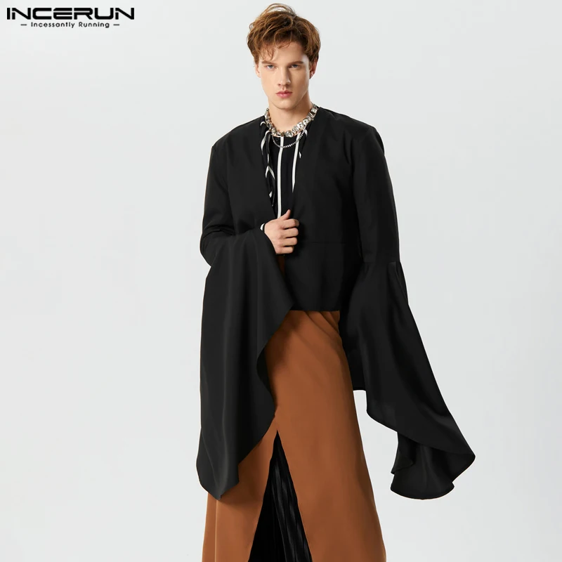 

American Style New Mens Fashion Personality Collarless Blazer Casual Long Flared Sleeves Loose Suit Coat S-5XL INCERUN Tops 2023