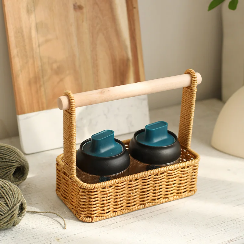 

Desktop Knife Fork Storage Basket Ins Bedroom Skin Care Products Remote Control Box Imitation Rattan Portable Fruit Basket