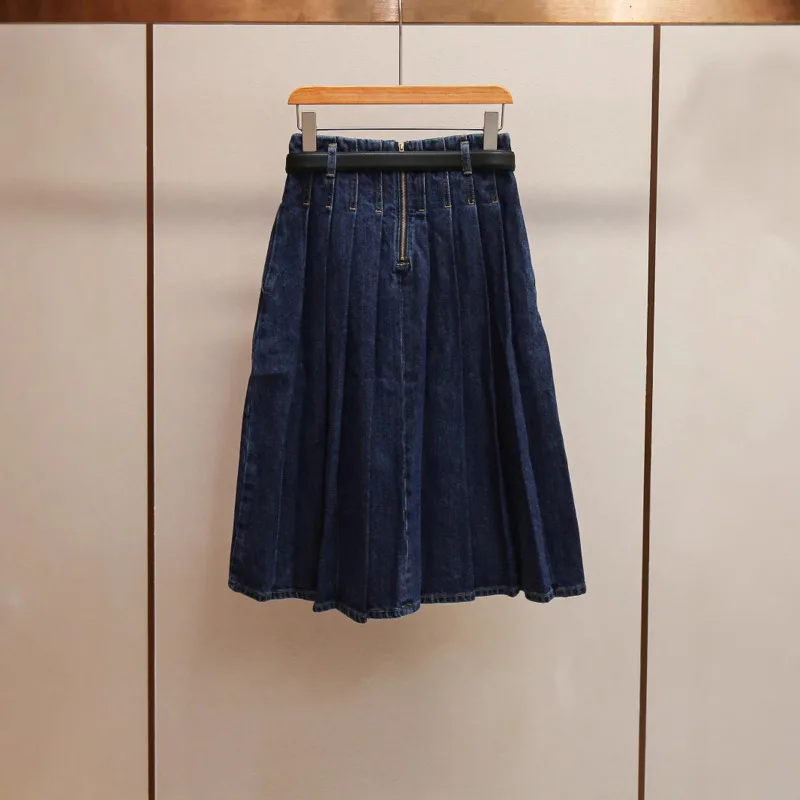 ANJY Spring Summer New Women Elegant Fashion Preppy Style Versatile Pleated Denim Skirt Vintage Washed Chic A-Line Skirts A25002