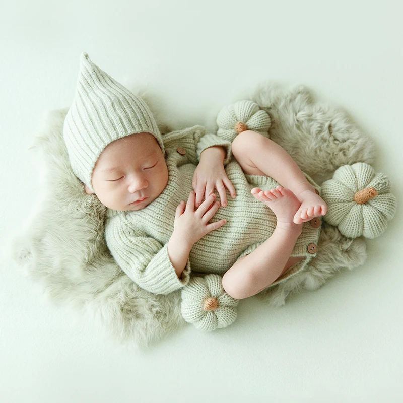 Newborn Photography Clothing Knitted Hat+Jumpsuits 2pcs/Set Handmade Knitted Pumpkin Shooting Props Studio Photo Accessories