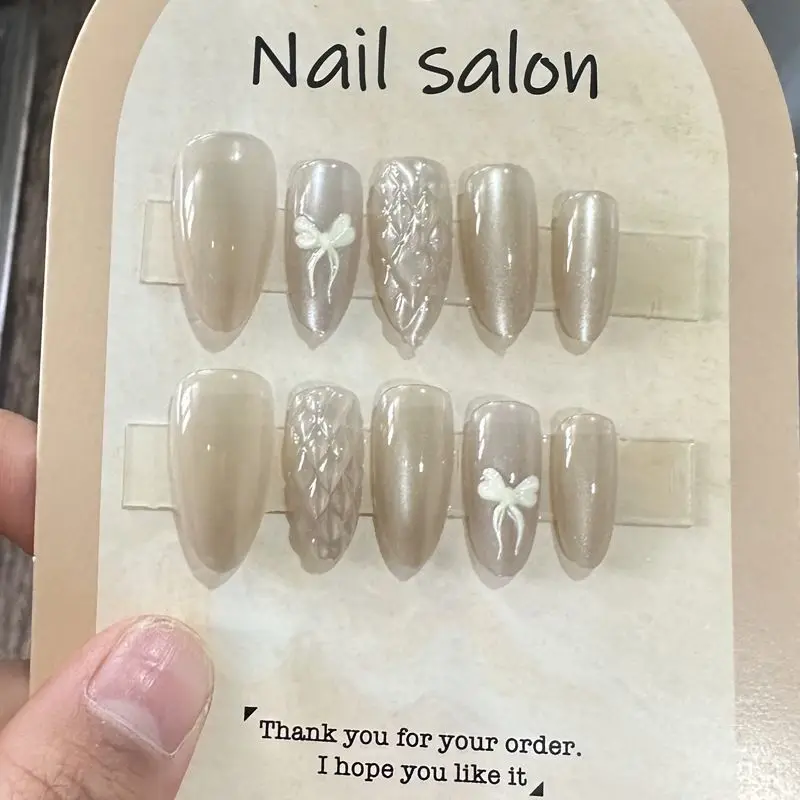 10pcs Cute Girl White Cat Eye Handmade Press On Nails French Middle Oval Fake Nails Removable Reusable Woman False Nails Tips