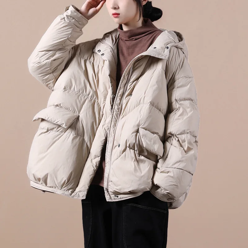 Ultralight White Duck Down Jacket for Women, Casual Hooded Jacket, Short Loose Outerwear, Warm Fashion