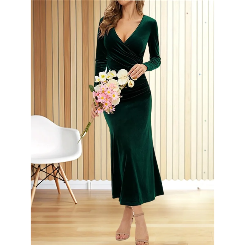 ASDS-Abito lungo da donna elegante in velluto con scollo a V profondo e avvolgente, tinta unita, manica lunga, festa da sera, cocktail, ballo di fine anno
