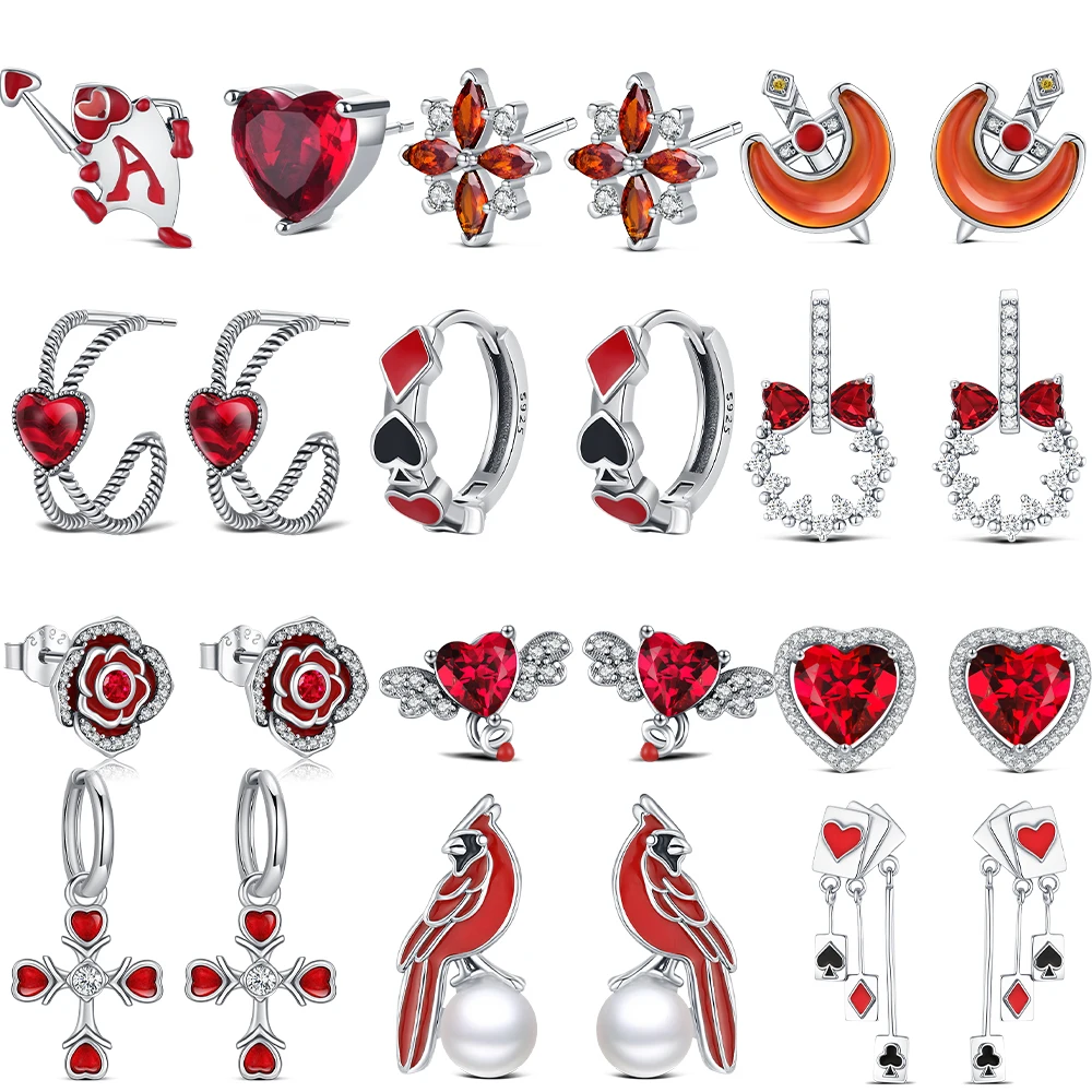 Nuevos pendientes de plata de ley 925 con forma de corazón rojo, pájaro cardenal, cruz y rosa para uso diario y regalos de fiesta para mujeres.