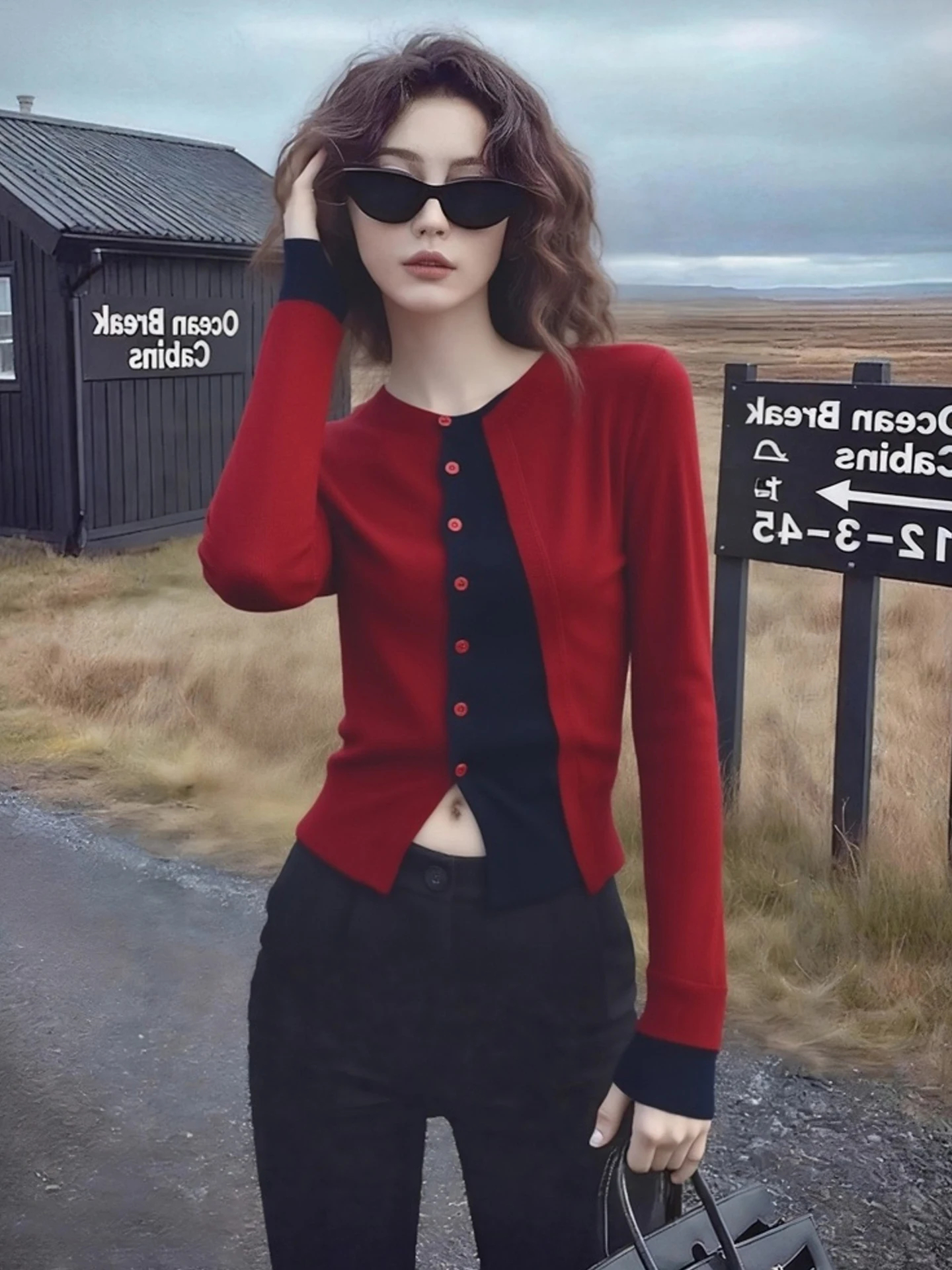 Rouge tricoté longue Sve Base irt bouton unique conception hiver nouvel an Faion coupe ajustée trajet Sle Version coréenne tricots