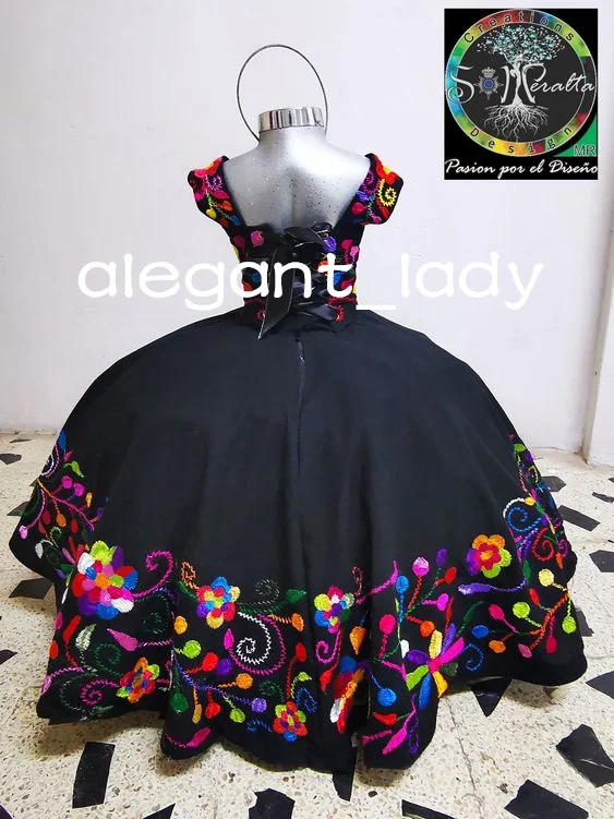 Little Girls Princess Quinceanera Dresses Black Puffy Skirt Embroidery Lace-up Top Flower Girls Dress for Birthday customsized