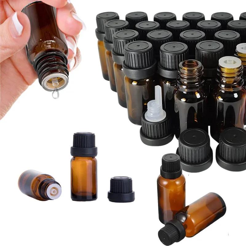 12Pcs Empty 5/10/15/20/30ml Amber Glass Essential Oils Drops Bottles with Orifice Reducer Tips DIY Supplies Tool Perfume Vials