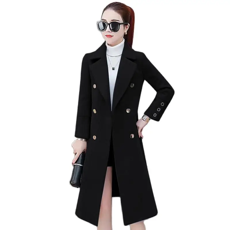 

WindbrEaker Women's New Solid Color Coat Women's Wid-length Autumn And Winter All-match Slim Double-breasted Metal Button Coat